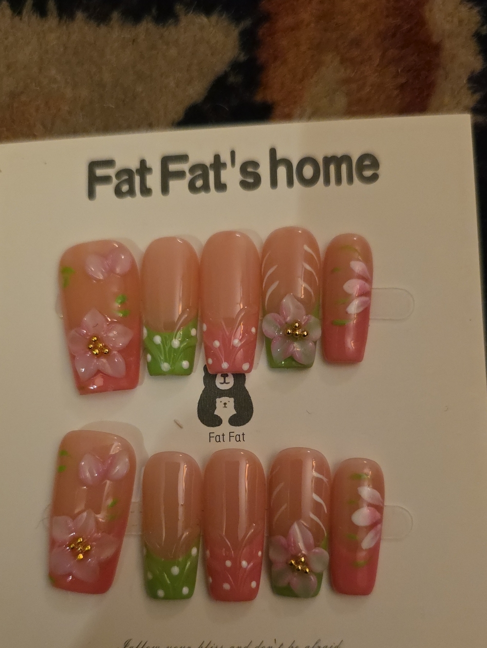 Floral Pink and Green Press-On Nails Size Med